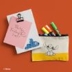 A small clipboard with a pink note reading “Party Friday @ 7:00!” and a blue Stitch illustration sits beside a pencil pouch with a black Stitch drawing, containing colorful markers, on an orange background.
