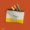 A beige and yellow pencil pouch with a black outline drawing of Stitch from Disney, partially unzipped, with four colorful markers sticking out, on an orange background.