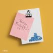 A pink note clipped to a white card with a blue Stitch illustration reads "Party Friday @ 7:00!" The background is yellow. © Disney.