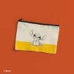 A cream and yellow zippered pouch featuring a black outline drawing of Stitch from Disney's "Lilo & Stitch," against an orange background. The Disney logo is visible in the bottom left corner.