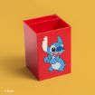 A red rectangular pen holder with an image of Stitch, the blue alien character from Disney's "Lilo & Stitch," on the front, set against a yellow background.
