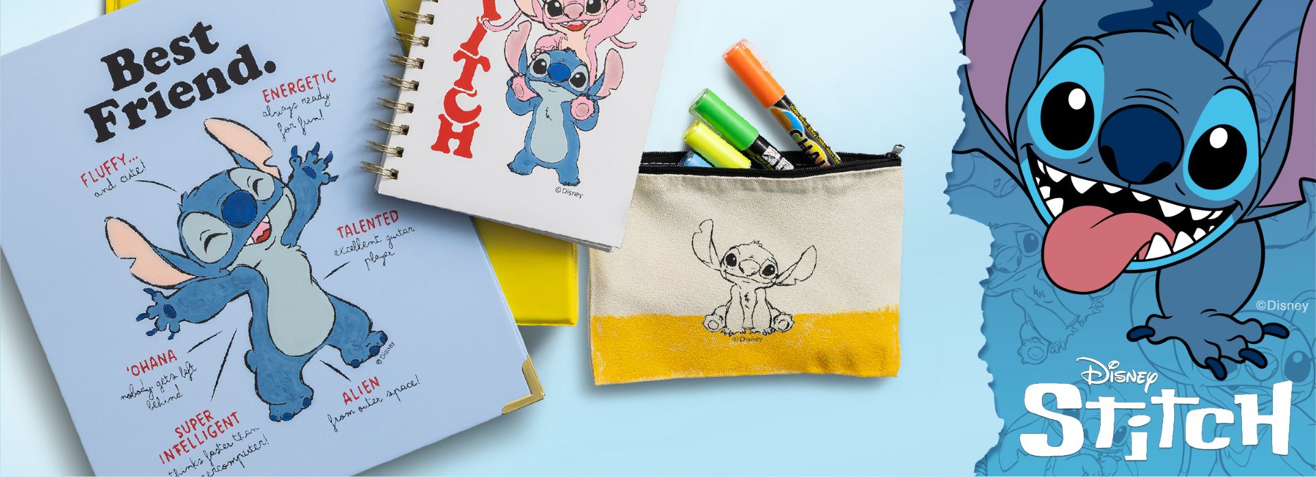 A collection of Disney Stitch-themed stationery, including a "Best Friend" notebook, a smaller notebook, a pouch with pens, and a large illustration of Stitch smiling on the right side.