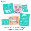 Six colorful cartoon prints featuring Stitch, including beach scenes, chalk-style art, and fun poses. Text: “Includes 4 Chalk Transfer Designs + 2 Heat Transfers Designs.” One print is labeled “Exclusive.”.
