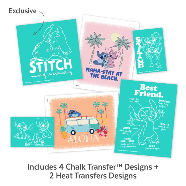 Six colorful cartoon prints featuring Stitch, including beach scenes, chalk-style art, and fun poses. Text: “Includes 4 Chalk Transfer Designs + 2 Heat Transfers Designs.” One print is labeled “Exclusive.”.