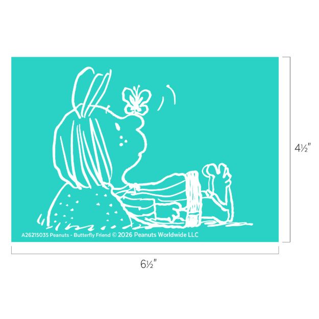 A simple white sketch of a child with bunny ears looking at a butterfly perched on their nose, set against a turquoise background. Dimensions are 6.5 inches wide by 4.5 inches tall.