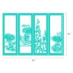 Four teal rectangular panels featuring outlined cartoon characters and a castle, including a standing dinosaur, a dancing animal with feathered head, a tall castle, and a seated character with a long nose. Dimensions are labeled.
