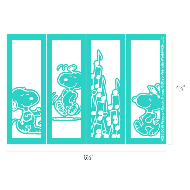 Four teal rectangular panels featuring outlined cartoon characters and a castle, including a standing dinosaur, a dancing animal with feathered head, a tall castle, and a seated character with a long nose. Dimensions are labeled.