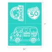 Three white Peanuts-themed graphics on a teal background: “Don’t forget the snacks” with Snoopy, a “Peanuts 50” road sign, and a van with Snoopy and Woodstock labeled “Road Trip.” Dimensions are 8.5 x 11 inches.