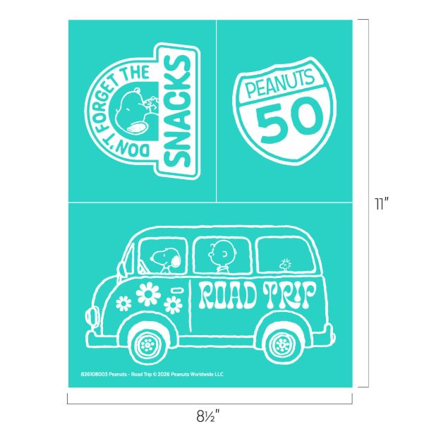 Three white Peanuts-themed graphics on a teal background: “Don’t forget the snacks” with Snoopy, a “Peanuts 50” road sign, and a van with Snoopy and Woodstock labeled “Road Trip.” Dimensions are 8.5 x 11 inches.