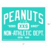 A turquoise sign with white text reads “PEANUTS ‘Good Grief’ XXS Non-Athletic Dept. ESTB. 1950.” Snoopy is lying on his back atop the “XXS.” Dimensions are 8.5 by 11 inches.