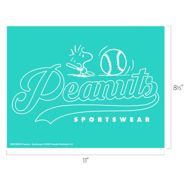 A turquoise graphic featuring Snoopy batting a baseball above the word "Peanuts" in large script, with "Sportswear" below in block letters. Dimensions are 11 inches wide by 8.5 inches tall.