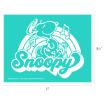 Turquoise graphic of Snoopy dancing on his back with music notes and swirls above the cursive word "Snoopy." The image measures 11 inches wide by 8.5 inches tall.