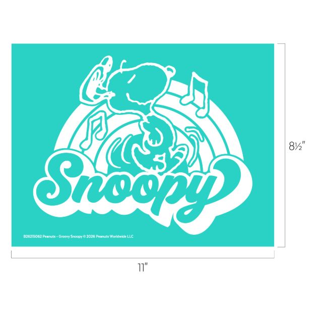 Turquoise graphic of Snoopy dancing on his back with music notes and swirls above the cursive word "Snoopy." The image measures 11 inches wide by 8.5 inches tall.
