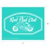 Turquoise sign with white text reading "A Family Co. Rad Dad Club." It features a line drawing of Snoopy sitting on a motorcycle. Dimensions shown are 11 inches wide by 8.5 inches high.