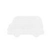 A simple, flat, white silhouette of a van with rounded edges is centered on a plain white background. The van shape is minimalistic, with two circular wheels and no visible details or features.