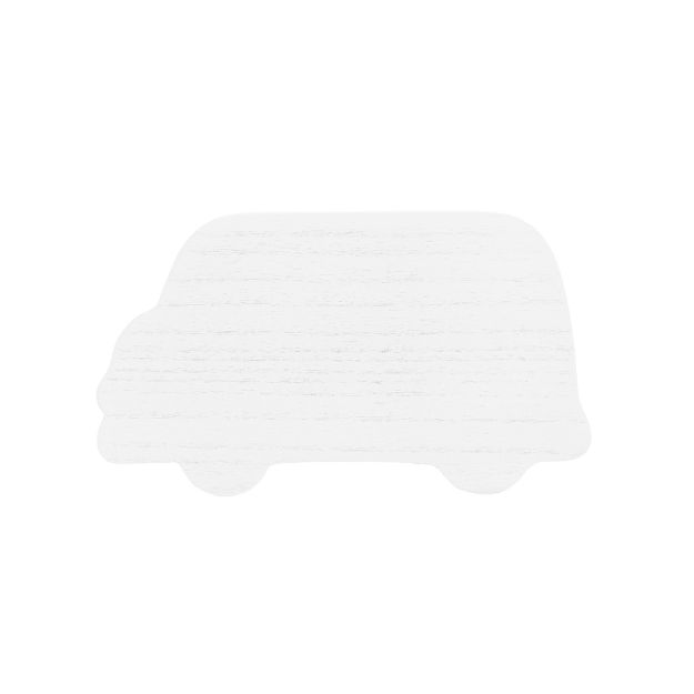 A simple, flat, white silhouette of a van with rounded edges is centered on a plain white background. The van shape is minimalistic, with two circular wheels and no visible details or features.