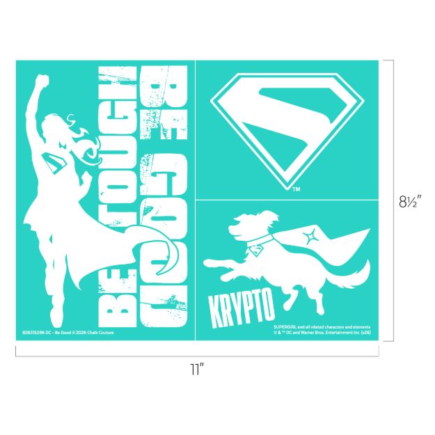 Teal image with three white superhero-themed graphics: a flying female hero with "Be Tough, Be Good" text, a stylized "S" symbol, and a caped dog labeled "Krypto." Dimensions are 8.5" x 11".
