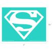 A turquoise background with a large white Superman "S" shield logo in the center. The image includes measurements, showing the logo is 11 inches wide and 8.5 inches tall.