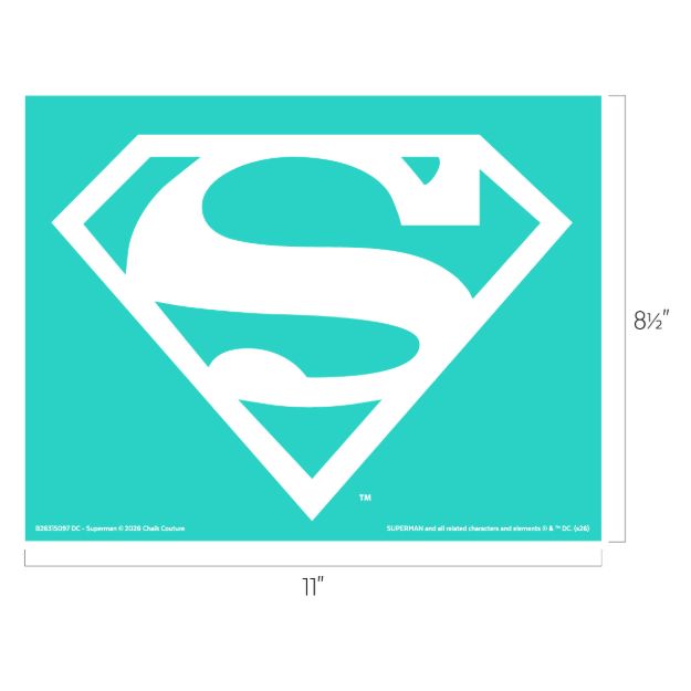 A turquoise background with a large white Superman "S" shield logo in the center. The image includes measurements, showing the logo is 11 inches wide and 8.5 inches tall.