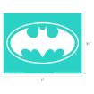 A turquoise rectangle featuring a large white Batman logo, with bat wings and ears in an oval. Dimensions are labeled as 11 inches wide by 8.5 inches tall.