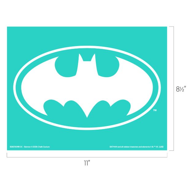 A turquoise rectangle featuring a large white Batman logo, with bat wings and ears in an oval. Dimensions are labeled as 11 inches wide by 8.5 inches tall.