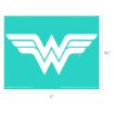 White Wonder Woman "W" logo with wings on a turquoise background. The image dimensions are labeled as 11 inches wide and 8.5 inches tall.
