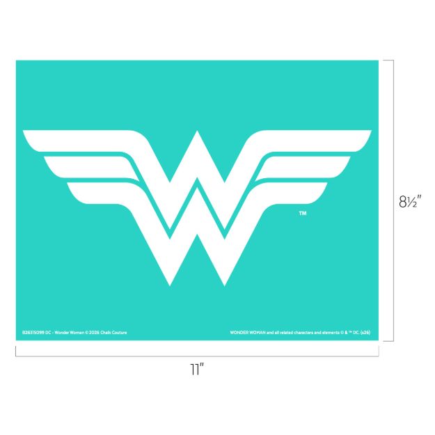 White Wonder Woman "W" logo with wings on a turquoise background. The image dimensions are labeled as 11 inches wide and 8.5 inches tall.