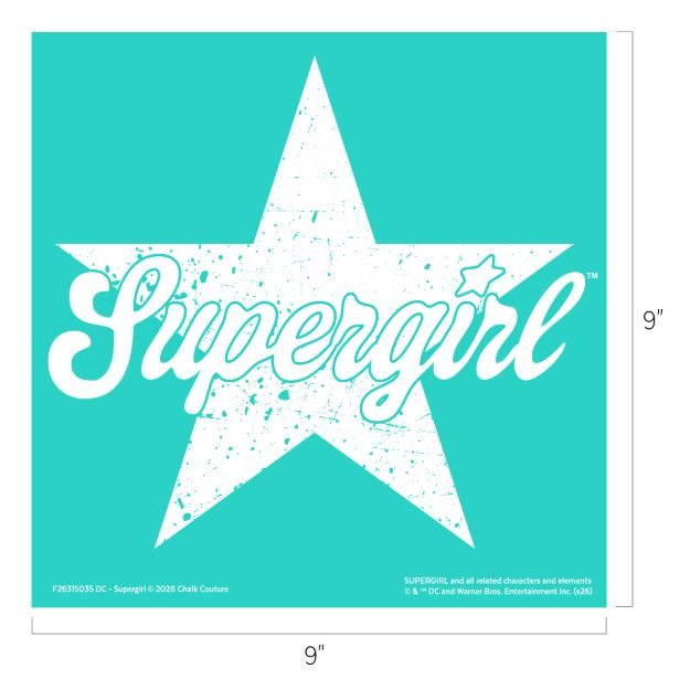 A teal square with a large white star in the center. The word "Supergirl" is written in a white, cursive script across the star. The dimensions are 9 inches by 9 inches.