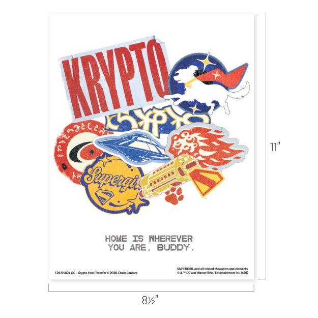 Colorful stickers on a white sheet feature Krypto the Superdog, the word "Krypto," a Supergirl logo, a ray gun, a UFO, and Japanese text. Below, it reads "Home is wherever you are, buddy." Sheet measures 8.5 x 11 inches.
