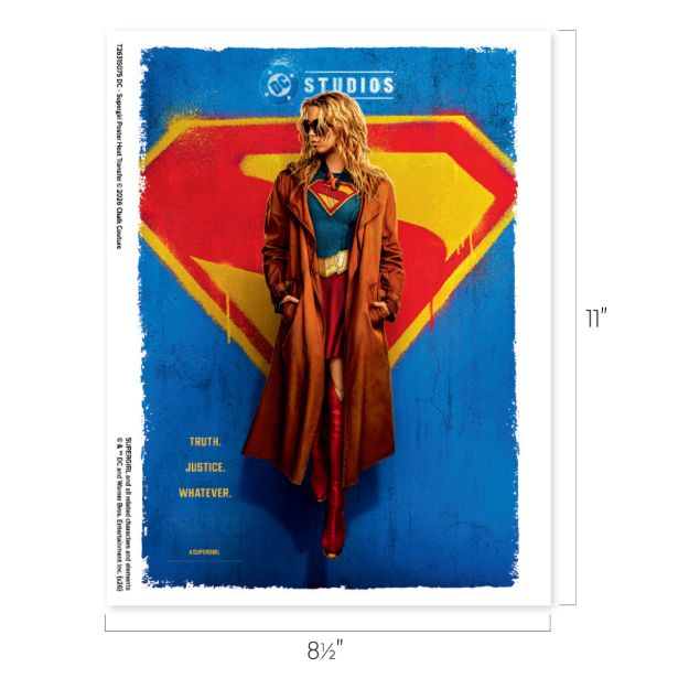 A woman dressed as Supergirl stands in front of a large yellow-and-red Superman emblem on a blue background. She wears a brown trench coat over her costume. Text reads: “TRUTH. JUSTICE. WHATEVER.” and DC Studios branding is visible.