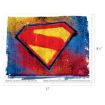 A colorful, graffiti-style painting of the Superman "S" shield logo on a splattered blue, red, and yellow background. The image measures 8.5 inches by 11 inches.