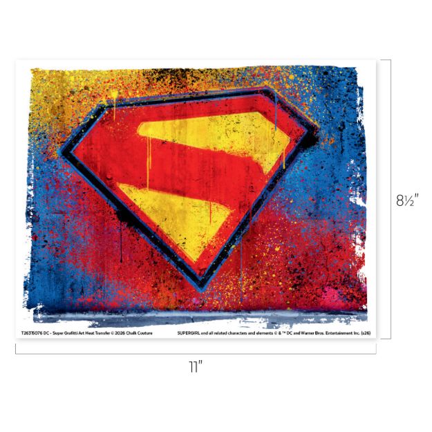 A colorful, graffiti-style painting of the Superman "S" shield logo on a splattered blue, red, and yellow background. The image measures 8.5 inches by 11 inches.