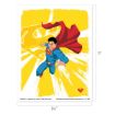 Illustration of Superman flying forward with a clenched fist, red cape flowing behind him, set against a yellow background with a faded Superman symbol. The image dimensions are 8.5 inches wide by 11 inches tall.