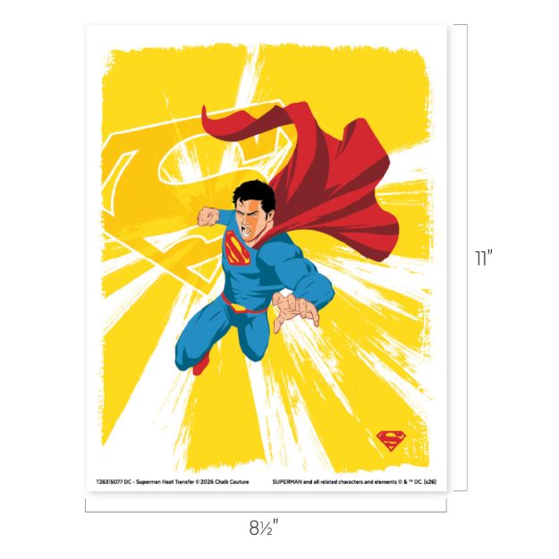 Illustration of Superman flying forward with a clenched fist, red cape flowing behind him, set against a yellow background with a faded Superman symbol. The image dimensions are 8.5 inches wide by 11 inches tall.