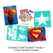 Five vibrant superhero-themed designs, featuring bold symbols, characters, and text, are displayed above the caption: "Includes 2 Chalk Transfer™ Design + 3 Heat Transfers Designs.