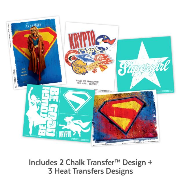Five vibrant superhero-themed designs, featuring bold symbols, characters, and text, are displayed above the caption: "Includes 2 Chalk Transfer™ Design + 3 Heat Transfers Designs.