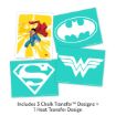 Four superhero designs: a color image of Superman in action, the Batman logo, the Superman logo, and the Wonder Woman logo. Text below reads “Includes 3 Chalk Transfer Designs + 1 Heat Transfer Design.”.
