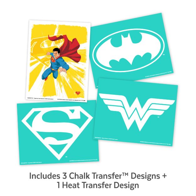 Four superhero designs: a color image of Superman in action, the Batman logo, the Superman logo, and the Wonder Woman logo. Text below reads “Includes 3 Chalk Transfer Designs + 1 Heat Transfer Design.”.