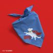 A blue dog bandana featuring an illustration of a white dog wearing a red superhero cape, with the name "Krypto" printed in red on a bright red background.