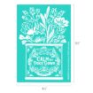Turquoise illustration of a floral tea box labeled “Calm the Trick Down” with ornate details, decorative flowers, and size measurements of 6.5 by 4.5 inches shown beside the image.