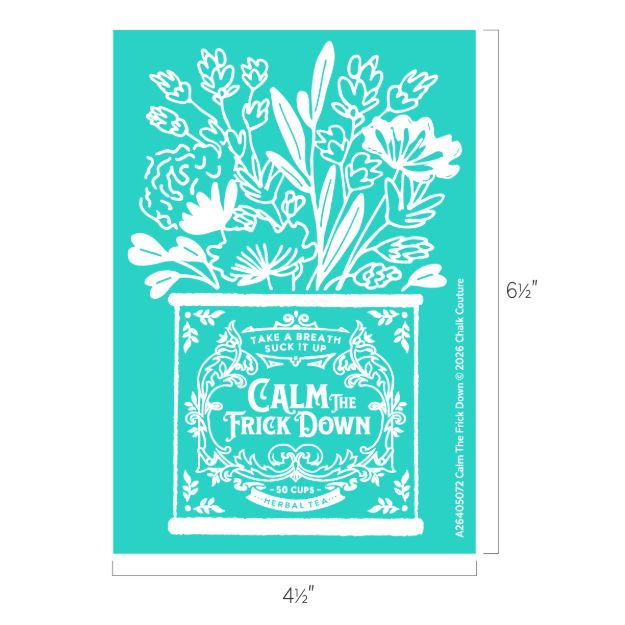 Turquoise illustration of a floral tea box labeled “Calm the Trick Down” with ornate details, decorative flowers, and size measurements of 6.5 by 4.5 inches shown beside the image.