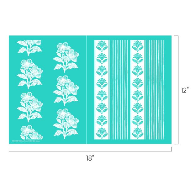 A turquoise sheet with white floral and striped patterns, measuring 18 inches wide by 12 inches tall. The left side has six large floral designs; the right side has repeating vertical floral and stripe motifs.