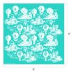A square, teal-colored fabric measuring 18 by 18 inches, featuring a white vintage pattern of hot air balloons, clouds, trees, birds, and small buildings repeated across the entire surface.