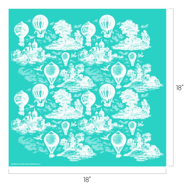 A square, teal-colored fabric measuring 18 by 18 inches, featuring a white vintage pattern of hot air balloons, clouds, trees, birds, and small buildings repeated across the entire surface.