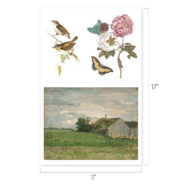 A vertical art print, 17 inches by 11 inches, featuring illustrations of birds, butterflies, and flowers on the top half, and a painting of a rustic landscape with a house and cloudy sky on the bottom half.