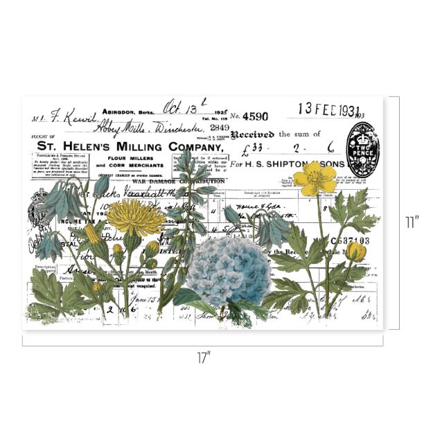 A vintage receipt with handwritten text is overlaid with botanical illustrations of yellow, blue, and white flowers and green leaves. The overall style is artistic and nostalgic, with layered typographic and floral elements.