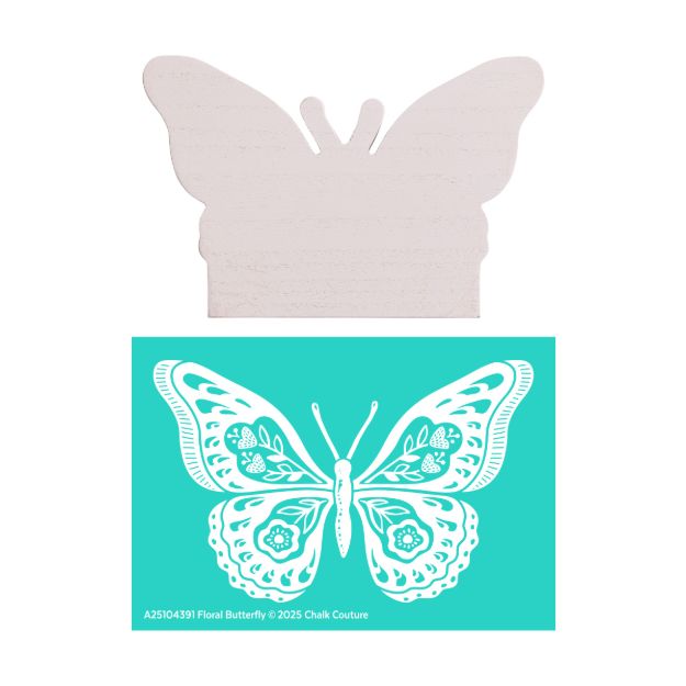 A plain, light wooden butterfly cutout is placed above a teal stencil featuring an intricate white butterfly design with floral and decorative patterns.