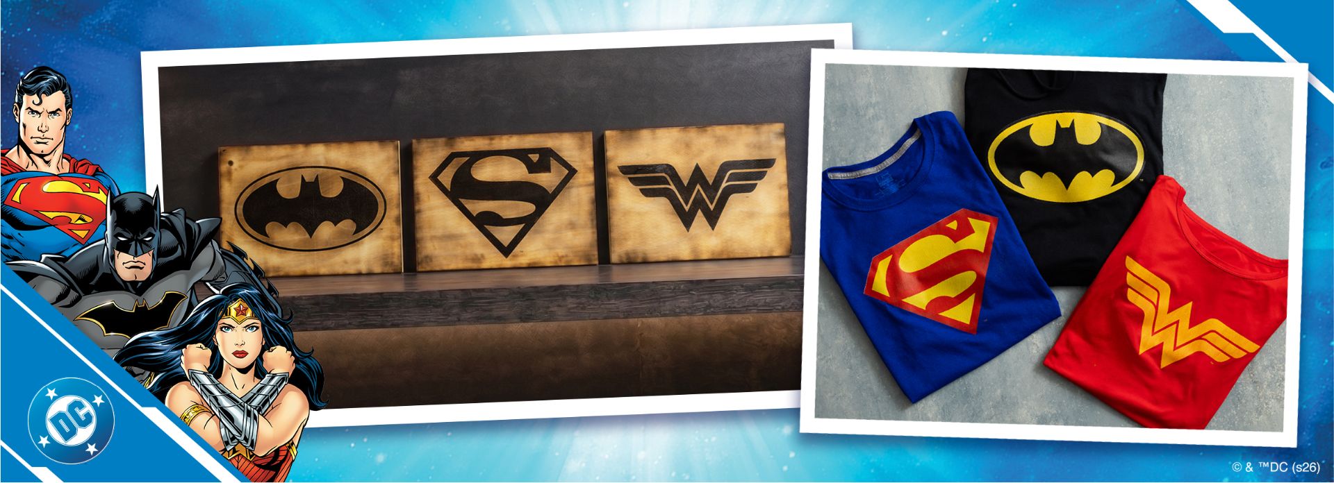 DC Comics-themed image featuring Superman, Batman, and Wonder Woman. It shows wooden plaques with their logos on the left and three superhero-themed T-shirts—Batman, Superman, and Wonder Woman—on the right.