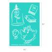 A teal stencil sheet features white line drawings of a rose in a glass dome, two books, Mrs. Potts, and Chip from Disney’s "Beauty and the Beast," with labeled dimensions of 6½" by 4½".