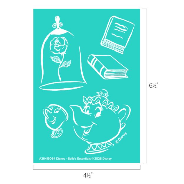 A teal stencil sheet features white line drawings of a rose in a glass dome, two books, Mrs. Potts, and Chip from Disney’s "Beauty and the Beast," with labeled dimensions of 6½" by 4½".